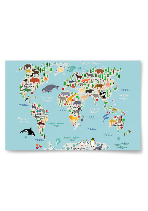 Poster Världskarta med Djur